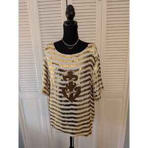 Rare VTG MODI Sequins Top Womens 1X Silk Nautical Gold White Glam Anchor Blouse